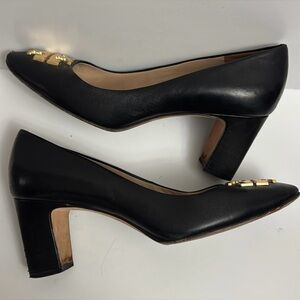 TORY BURCH JANEY WOMENS BLOCK HEELS SLIP ON PUMPS Sz 8.5 LEATHER BLACK T LOGO